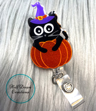 Load image into Gallery viewer, Halloween Cat Pumpkin Badge Reel