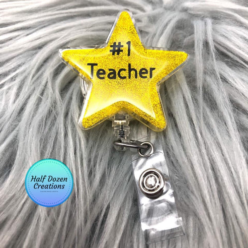 #1 Teacher Star Glitter Badge Reel